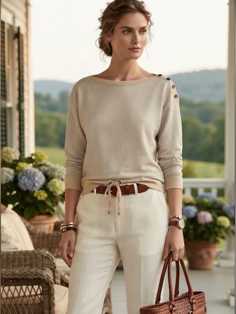 Ralph Lauren Beige French Terry Sweatshirt LRL Shoulder Buttons Drawstring Hem
